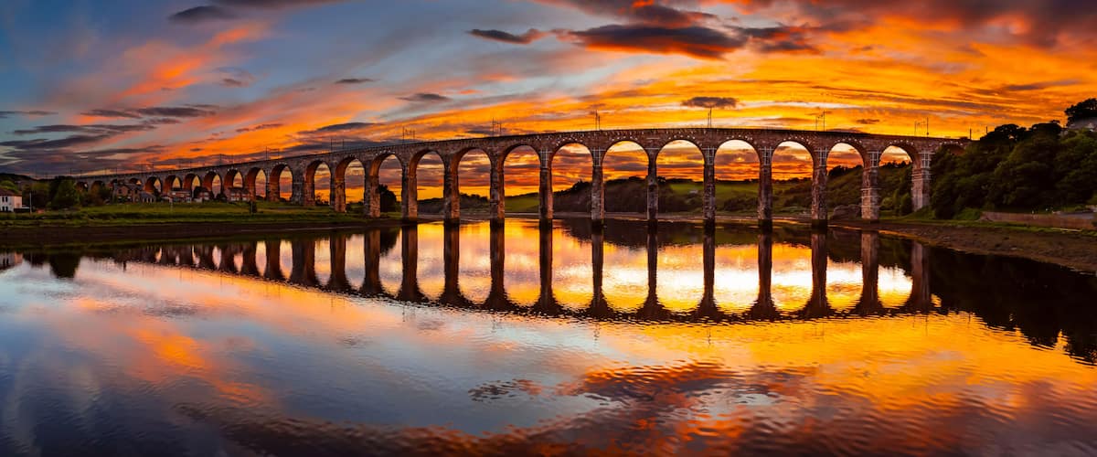 Berwick, Northumberland, UK, June 19, 2024; sunset aerial view of the Royal Border Bridge Viaduct, Berwick, Berwick-upon-Tweed, Northumberland, England, UK.