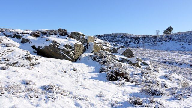 A snow-covered landscape with rocky terrain and sparse vegetation.