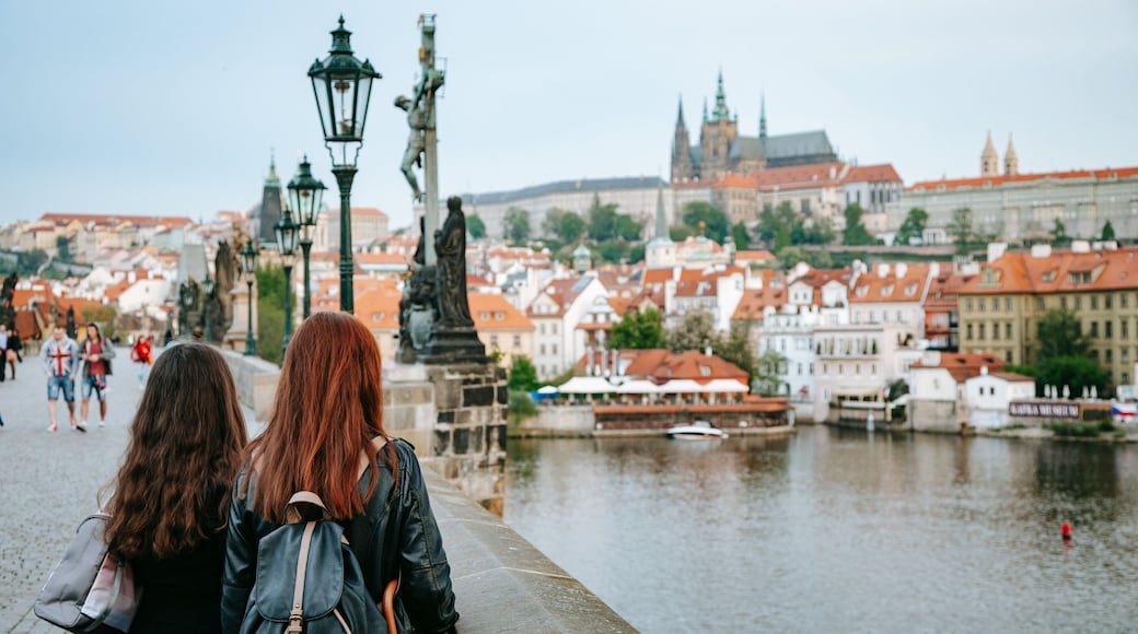 Charles Bridge showing a bay or harbor and a bridge as well as a couple