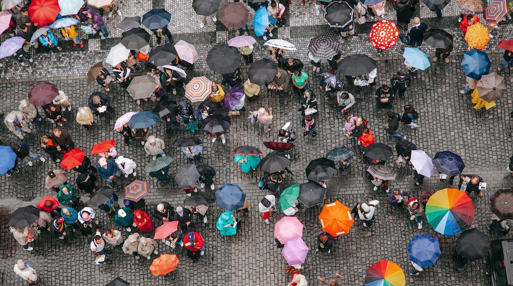 Old Town Square showing street scenes as well as a large group of people