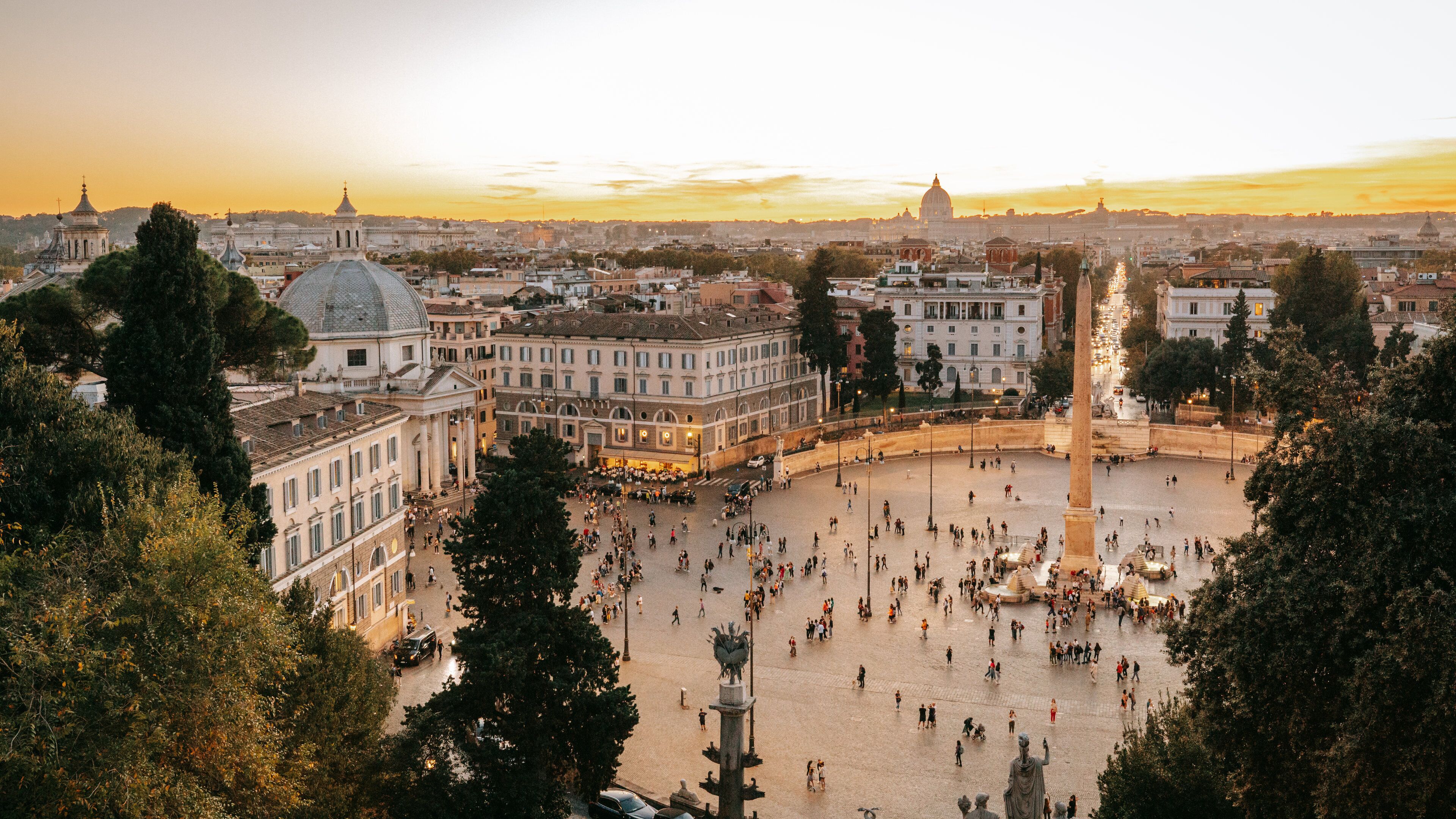 Piazza del Popolo featuring landscape views, a sunset and a square or plaza