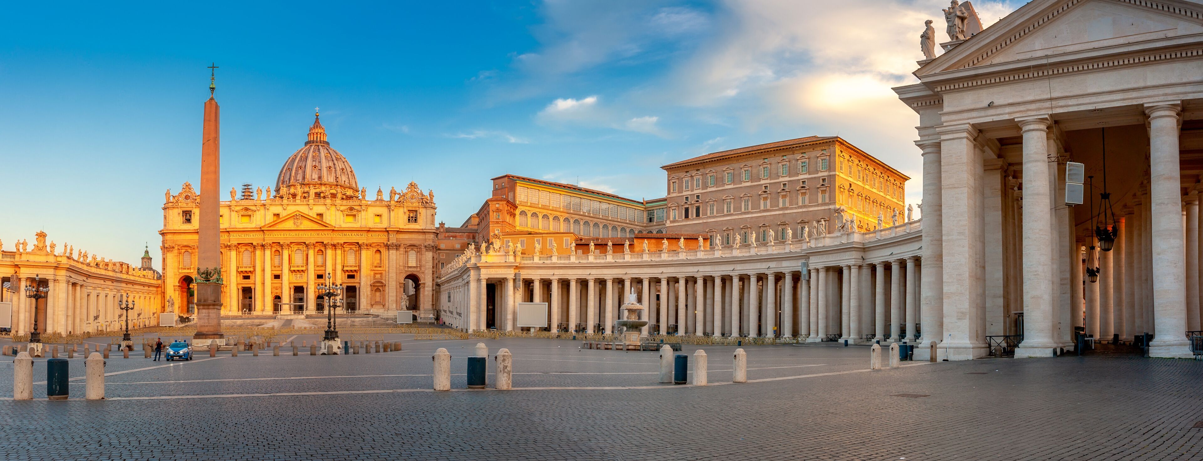 Panorama of the square and the Basilica of St. Peter in the Vatican at sunrise