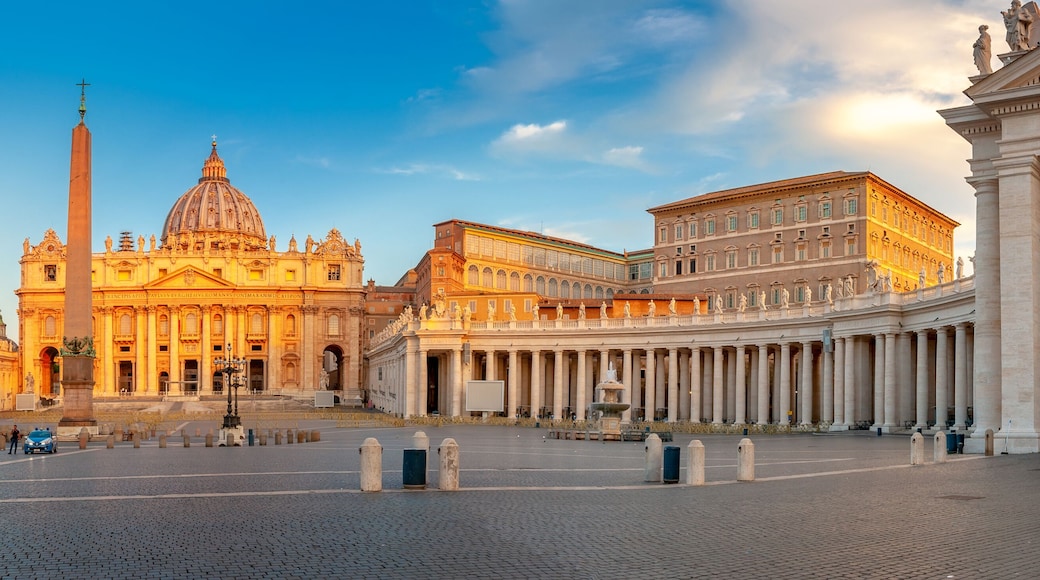 Panorama of the square and the Basilica of St. Peter in the Vatican at sunrise
