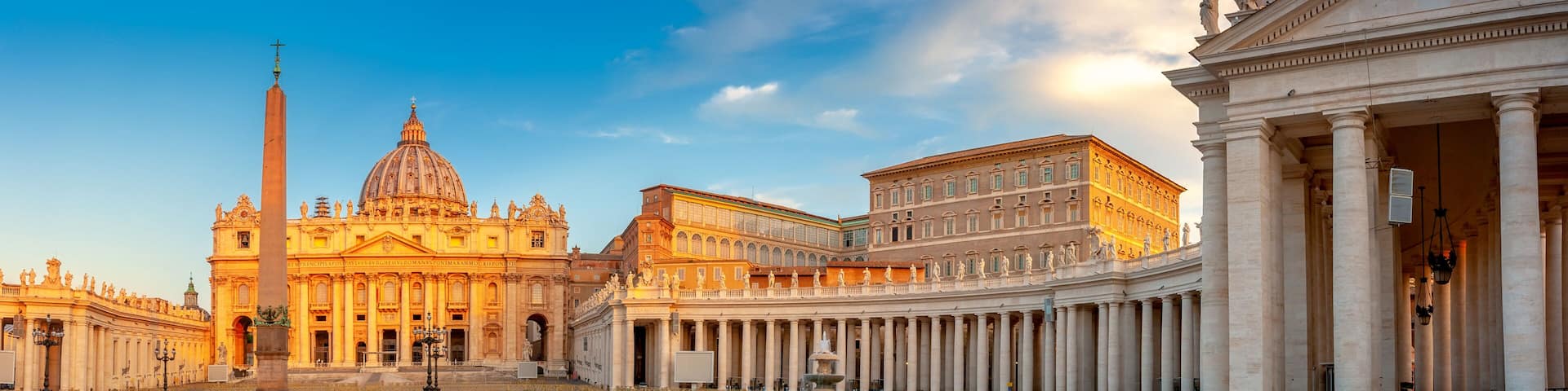 Panorama of the square and the Basilica of St. Peter in the Vatican at sunrise