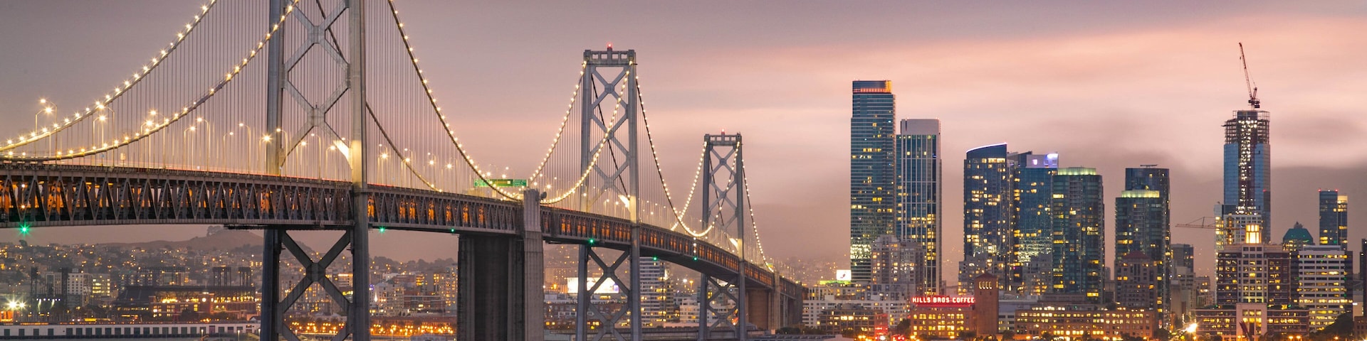 A suspension bridge with city skyline in the background.