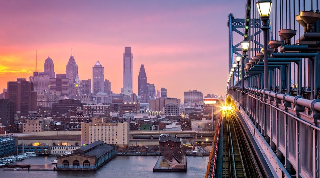 Philadelphia under a hazy purple sunset