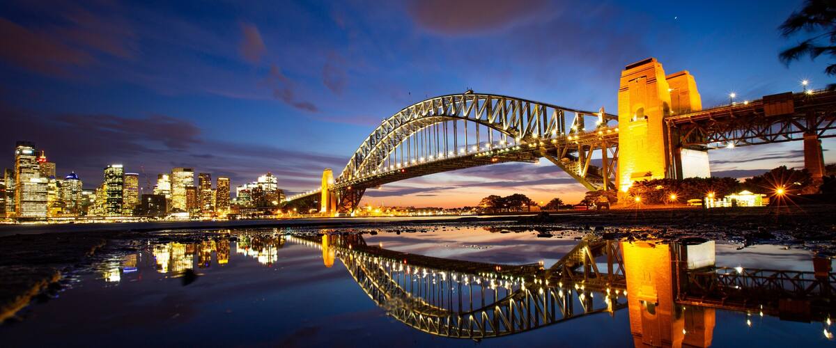 Sydney Harbour Bridge which includes night scenes, a bridge and a bay or harbor