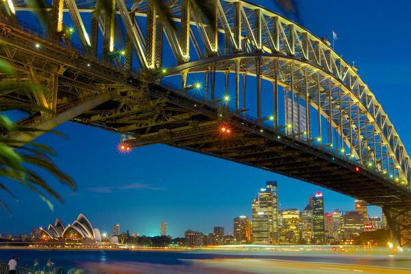 New South Wales which includes a bridge, a high-rise building and a river or creek