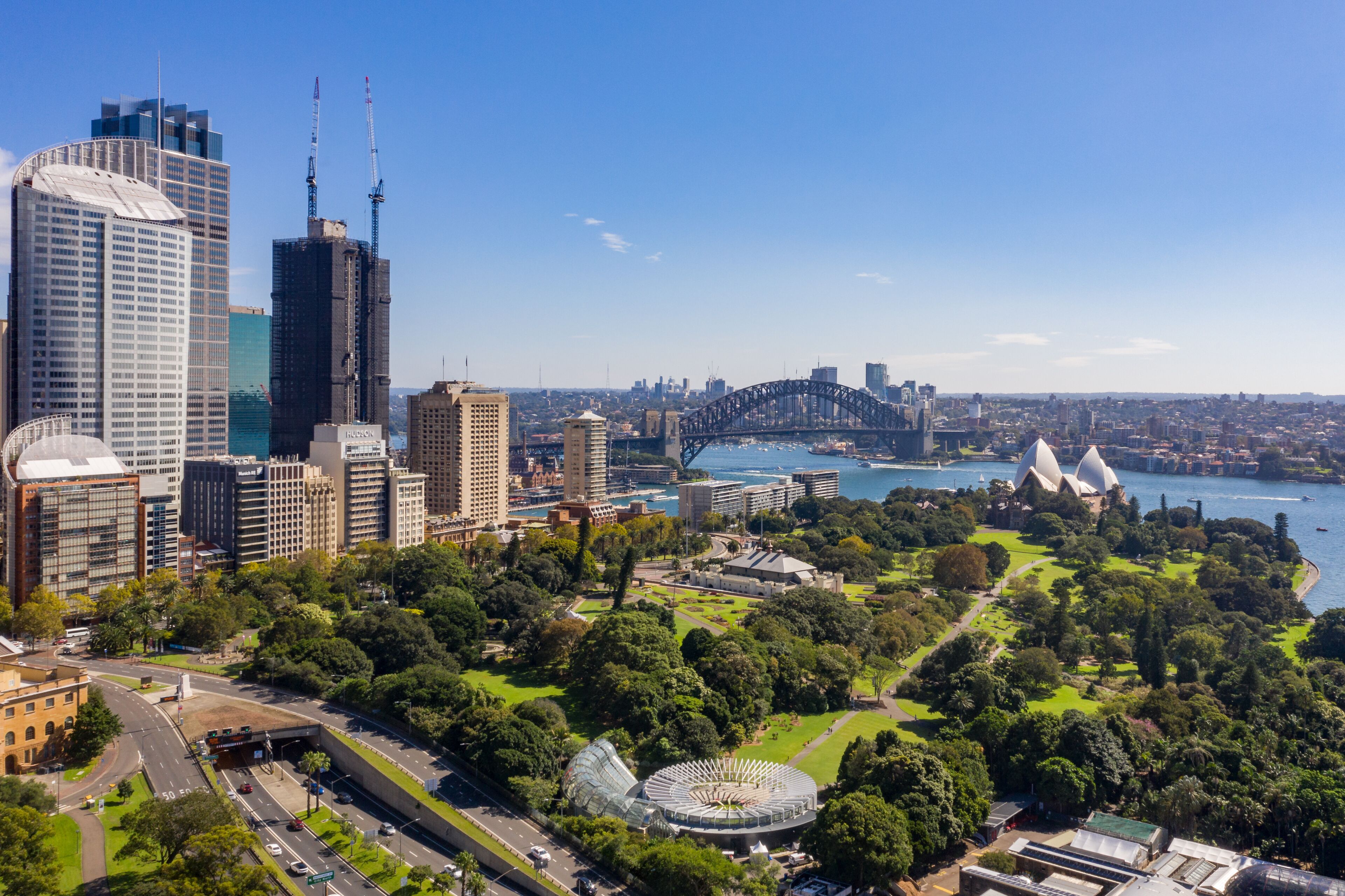 Aerial view from the Domain Phillip precinct looking towards the beautiful harbour in Sydney, Australia