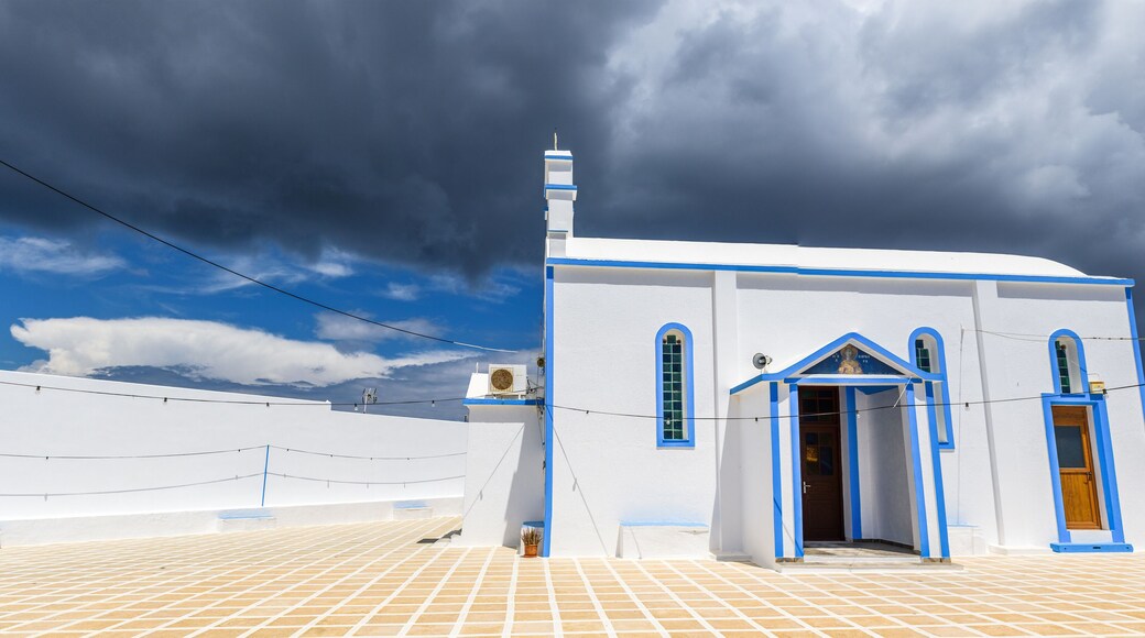 Agia Paraskevi, traditional Greek church located in the center of Pollonia village. Milos island, Cyclades, Greece.
