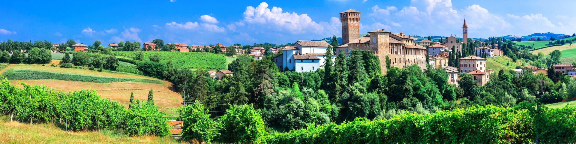 Romantic vine route with medieval castles in Italy. Emilia Romagna region, Levizzano castle and scenic village