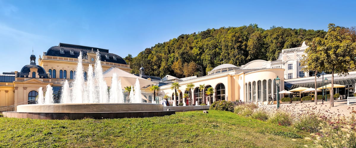 A historic building with a fountain, surrounded by lush greenery and a forested hill.