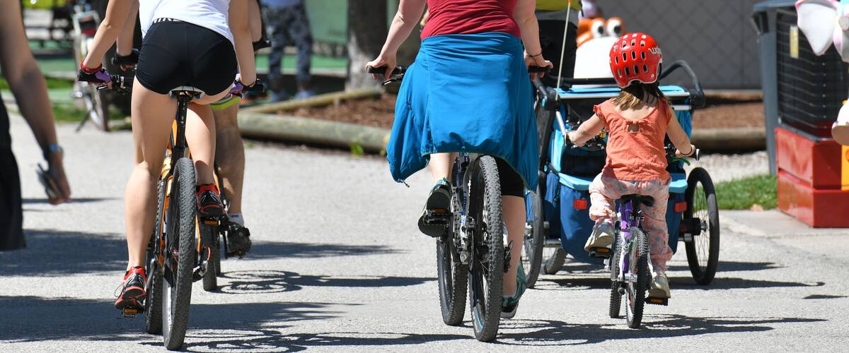 A group of cyclists on a paved street with trees and buildings in the background.