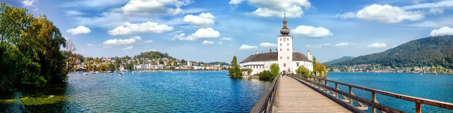 Panorama of Schloss Orth. Schloss Ort (or Schloss Orth) is an Austrian castle situated in the Traunsee lake, in Gmunden