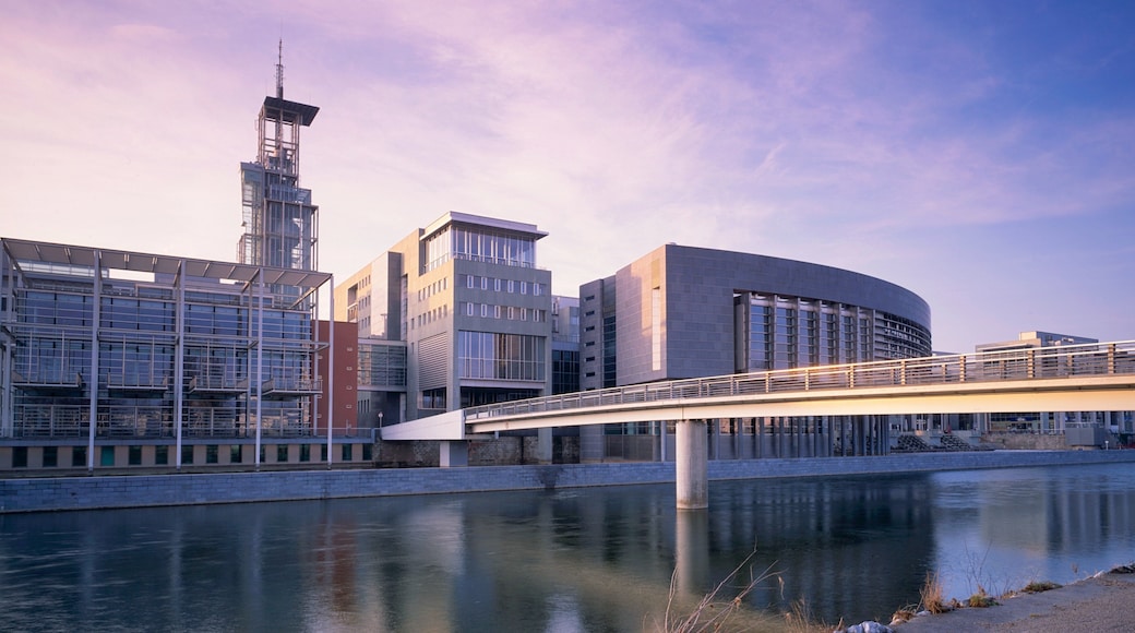 St. Pölten featuring a sunset, modern architecture and a bridge
