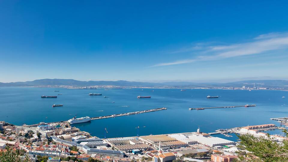 A coastal city with a harbor, ships, and a distant mountain range.