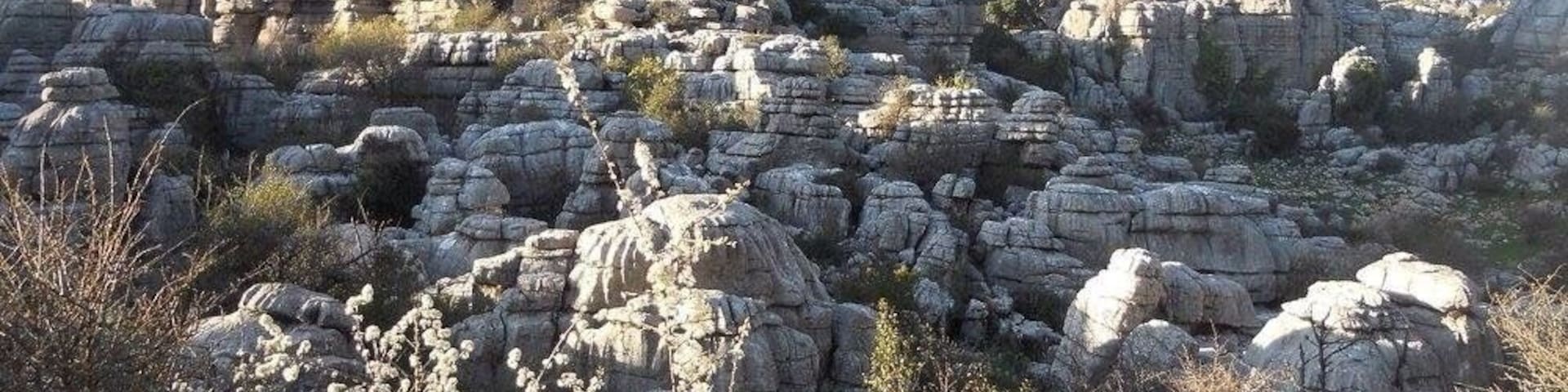 A rugged rocky landscape with prominent limestone formations and sparse vegetation.