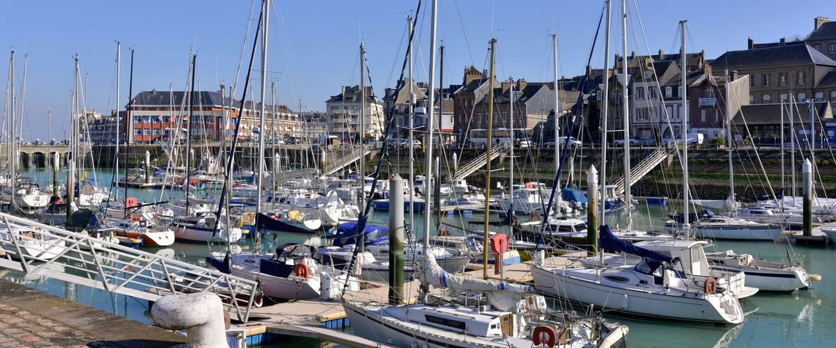 A marina with numerous sailboats docked, a bridge in the background, and buildings along the waterfront.