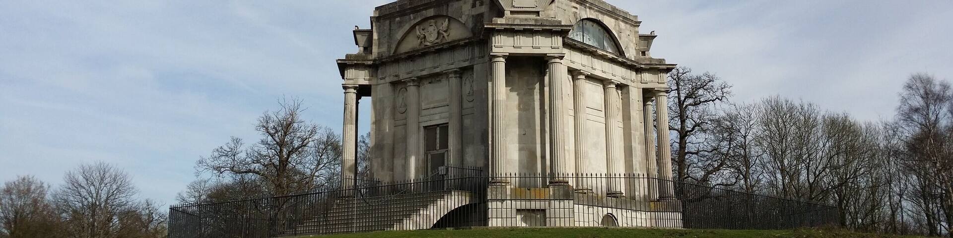 Darnley Mausoleum is a Grade 1 listed building located in the middle of Cobham Woods. Originally designed by James Wyatt for the 4th Earl of Darnley of Cobham Hall in 1783, it was never consecrated and so never used as a mausoleum. The architecture is classically inspired (the Earl may have wanted to replicate Roman/Greek temples seen on his travels across Europe) but has a unique pyramid roof. The building was heavily vandalised (including a stack of tyres placed inside and set alight) but later restored with the help of a lottery grant and was transferred to the National Trust in 2013 which now runs open days. It once featured on the TV show 'Restoration'.
There are great walks though the very, very old woodland here (beware roaming cattle in woods if you have a dog).
