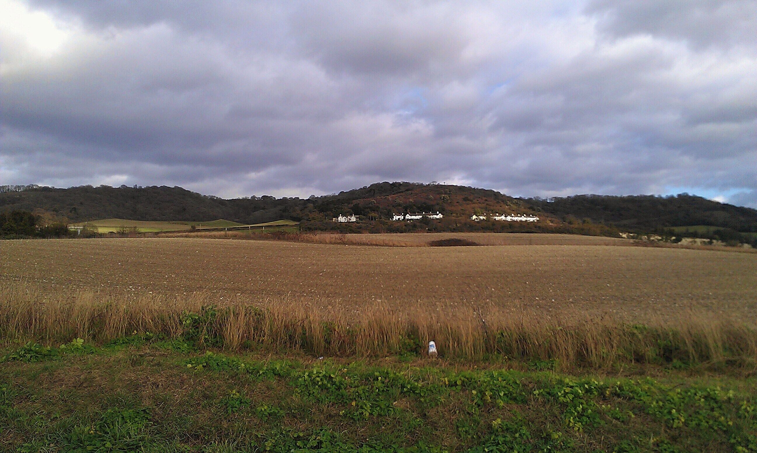 The Early Neolithic causewayed enclosure at Burham, Kent, near to the Medway Megaliths. The curve of the enclosure is evident in the brownsoil field.