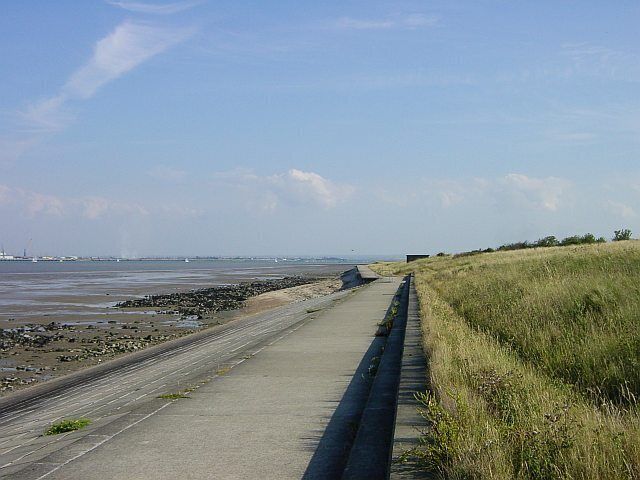 The Medway. Looking south along the shore near Grain. The area between the river/sea/estuary and Grain village is rough grassland and scrub with a few large trees. The earthworks and some remains of Grain Fort and Dummy Battery can be seen (part of the 19th century Chatham Defences).