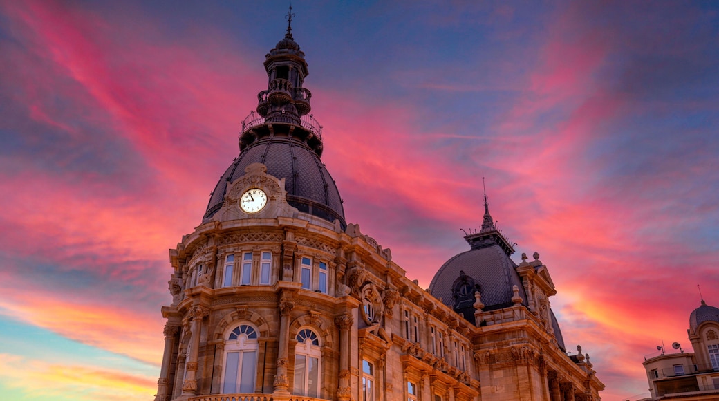 Detail of the Town Hall of Cartagena, Region of Murcia, Spain, with a stunning pink sky at sunset