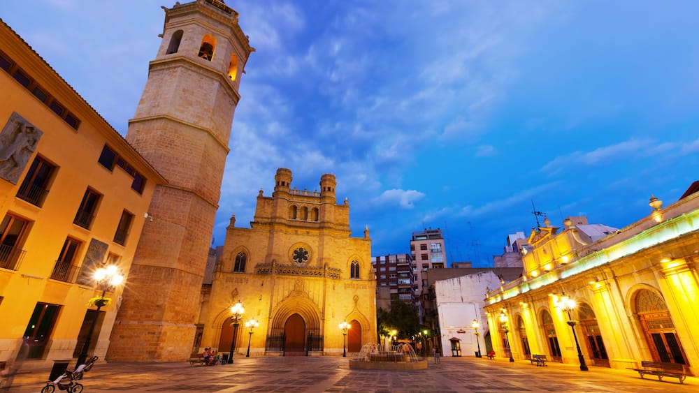 Fadri tower and Cathedral at Castellon de la Plana in night. Valencian Community, Spain