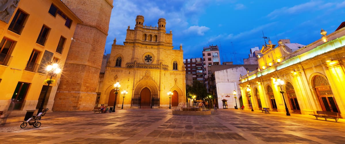 Fadri tower and Cathedral at Castellon de la Plana in night. Valencian Community, Spain