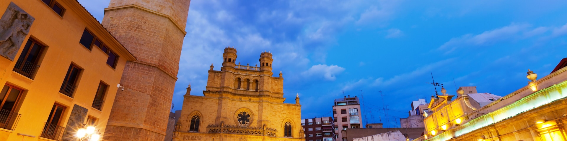 Fadri tower and Cathedral at Castellon de la Plana in night. Valencian Community, Spain