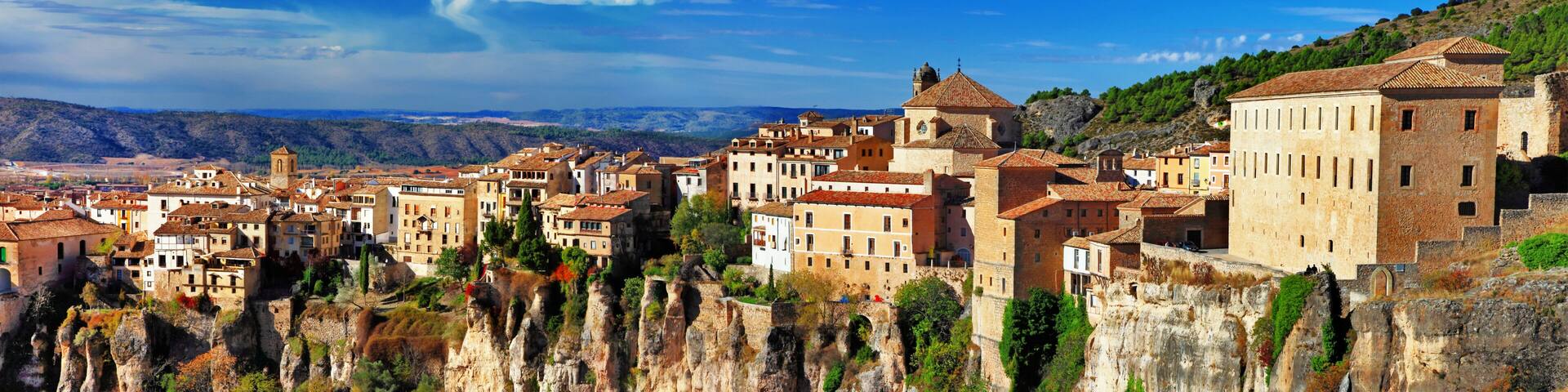 Panoramic View of Cuenca Spain with Famous Hanging Houses Casas Colgadas on Steep Cliffs Medieval Town Architecture Castilla-La Mancha