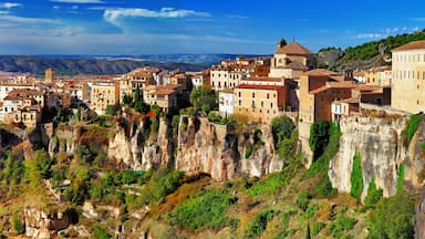 Panoramic View of Cuenca Spain with Famous Hanging Houses Casas Colgadas on Steep Cliffs Medieval Town Architecture Castilla-La Mancha