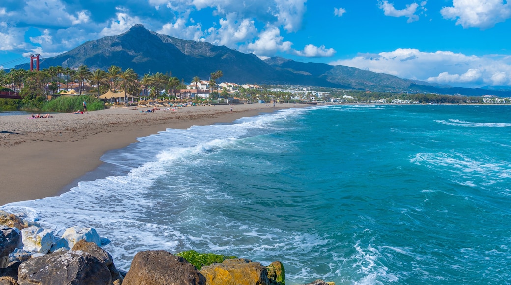 Sunny day at Puerto Banus beach at Marbella, Spain.