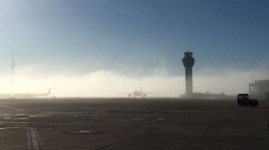 The fog came down so quickly a couple of days ago. Quite eerie to see this plane creeping past ATC tower in the very early morning sun/fog.