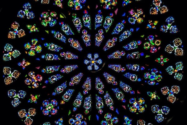 Stain glass window in the basilica Santa Maria pi really nice church in the gothic area of Barcelona