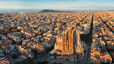 A panoramic view of a densely populated city with a prominent cathedral and a coastal backdrop.