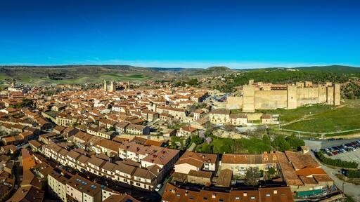 Siguenza aerial panorama of castle and town with blue sky in Spain