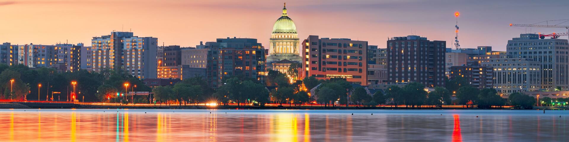 Madison, Wisconsin, USA Downtown Skyline on Lake Monona
