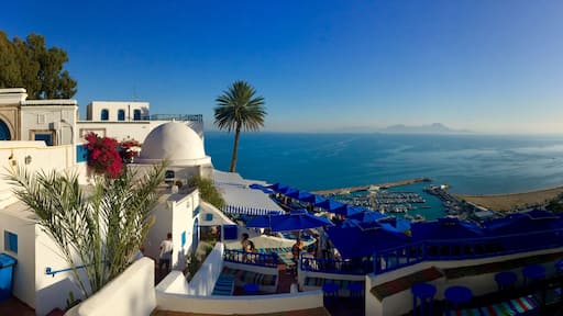 Ein Küstenresort mit weißen Gebäuden, blauen Sonnenschirmen und Blick auf das Meer.
