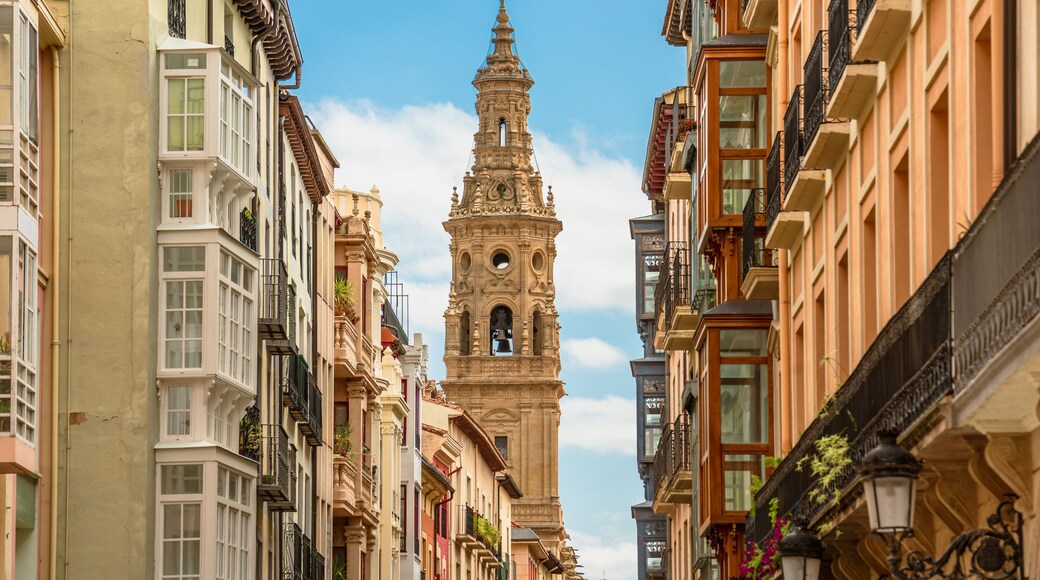 Beautiful cityscape about Logroño city with one of the bell towers of the Cathedral. La Rioja, Spain