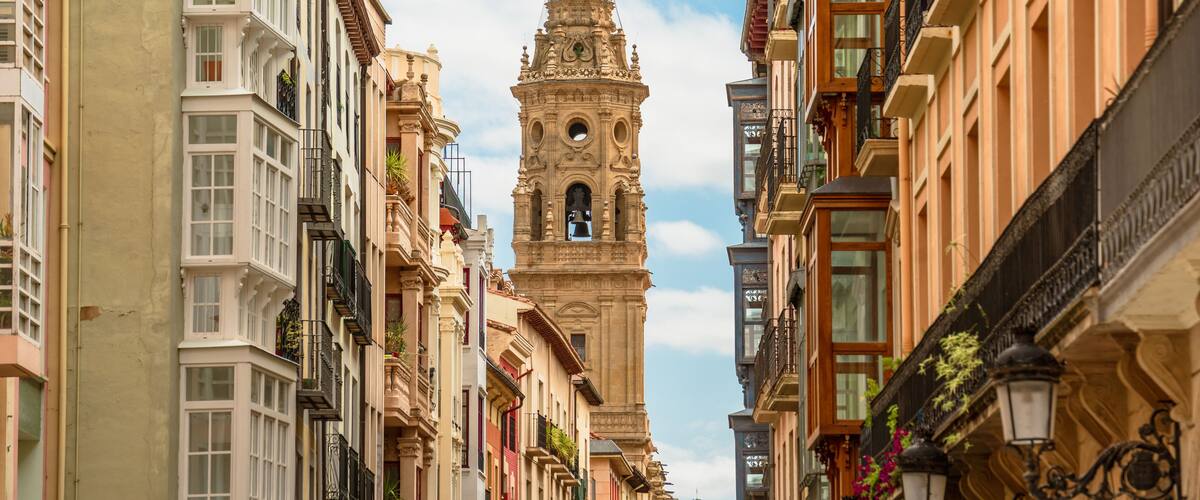 Beautiful cityscape about Logroño city with one of the bell towers of the Cathedral. La Rioja, Spain
