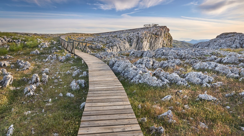 wooden footbridge over limestone rock landscape in Loja, Granada. Spain