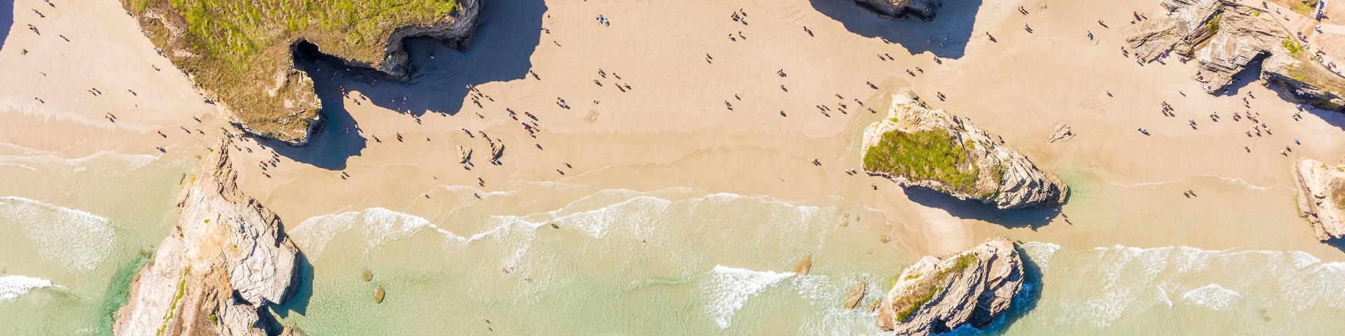 Aerial view of Praia de Catedrais at sunset, Galicia, Spain.