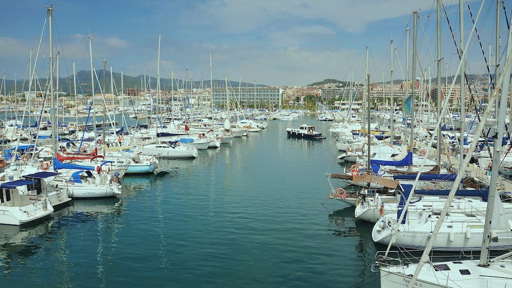 A marina filled with numerous sailboats and yachts docked along a calm waterway.