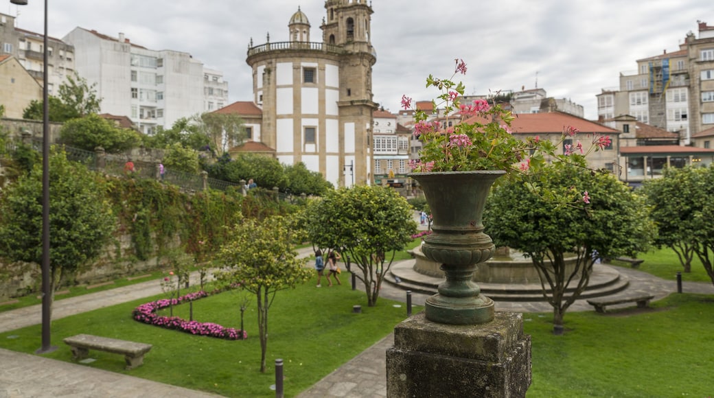 Peregrina Church at Pontevedra city. Selective focus on the foreground amphora