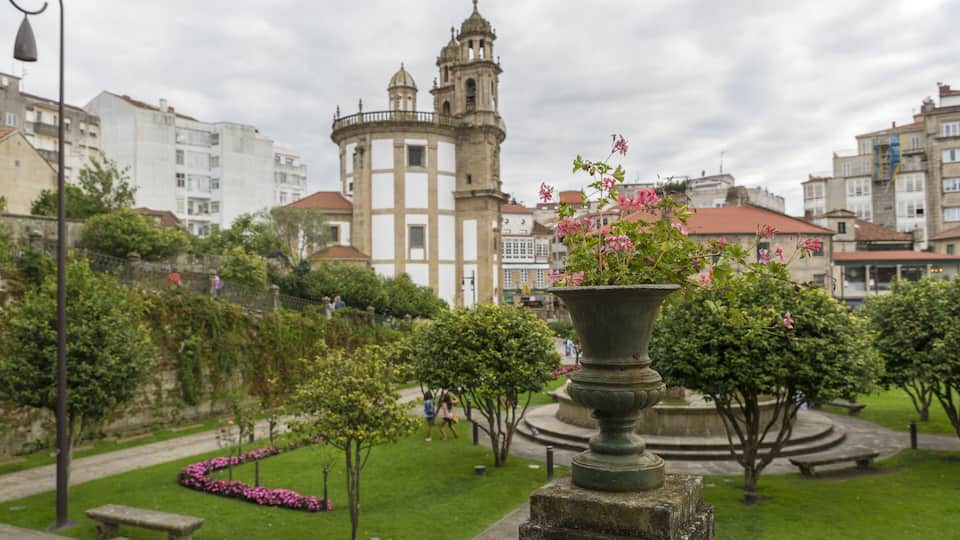 Peregrina Church at Pontevedra city. Selective focus on the foreground amphora
