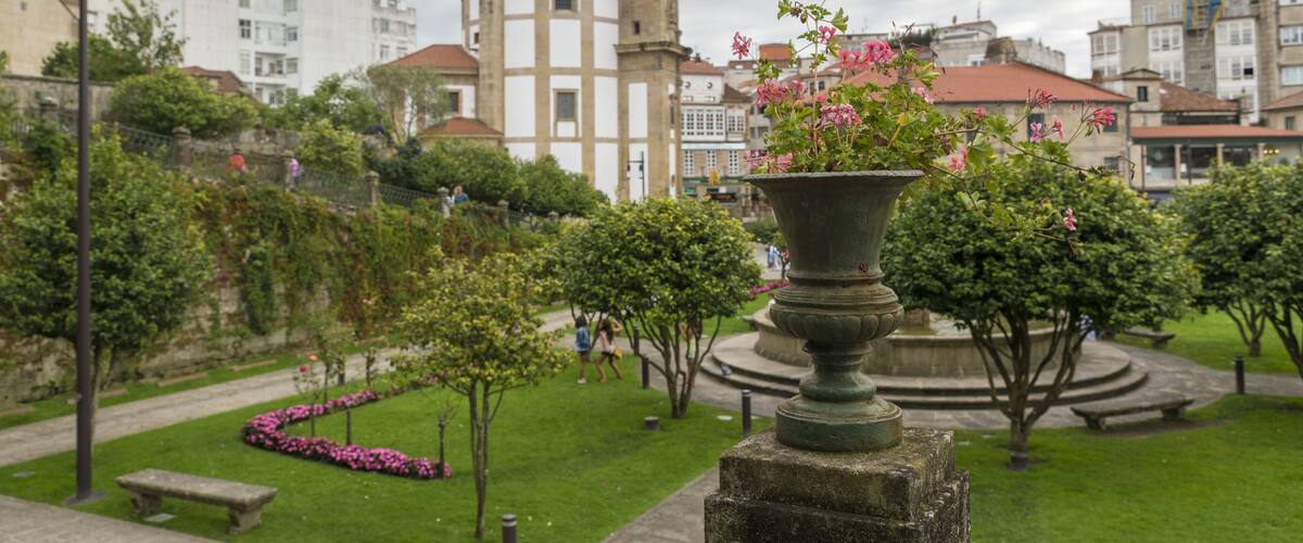 Peregrina Church at Pontevedra city. Selective focus on the foreground amphora