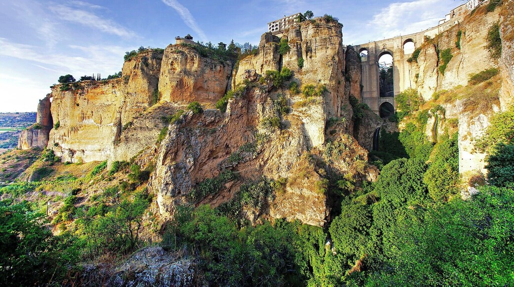 A broad view of Ronda's western face and iconic bridge. For a sense of scale, remember that the bridge crosses 98M (320ft) above the Guadalevín River. To the right of the bridge you'll find the charming old quarter, while to the left you'll find the new town (which is still hundreds of years old).
For this particular view you'll have to make your way down a long pathway to the Puerta de los Molinos (a deteriorating city gate). The best time to make the hike is late afternoon or early evening, when the weather is cool and the bridge is bathed in sunlight. The path starts at the Plaza Maria Auxiliadora.