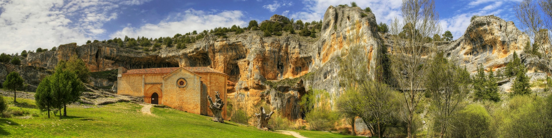 Templar church panoramic in river wolves canyon in Soria, Spain.