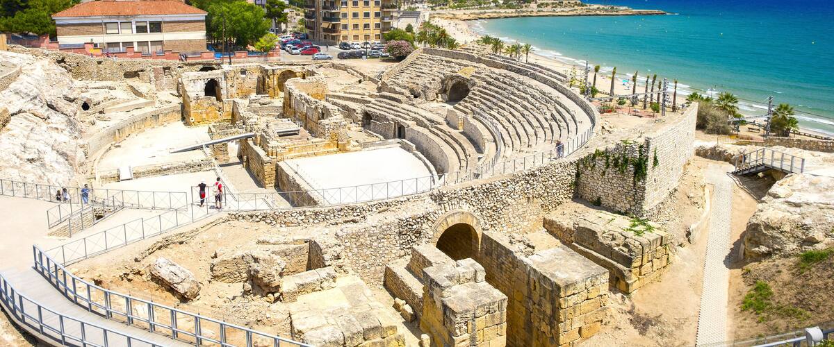 Historic site of an ancient Roman amphitheater near the Mediterranean coast in Tarragona, Spain