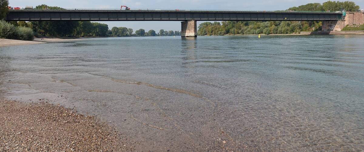 A river with a bridge, pebbly shore, and trees in the background.